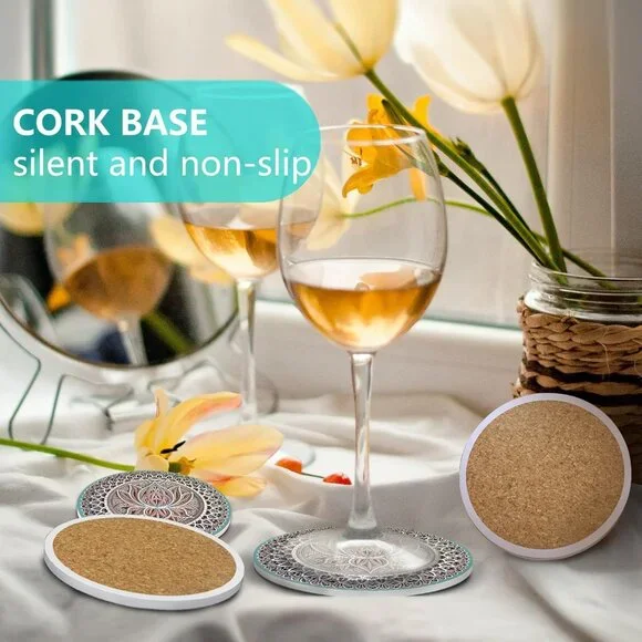 Mandala Coasters for Drinks, Absorbent Ceramic Stone Coasters Set of 4 Cork Base